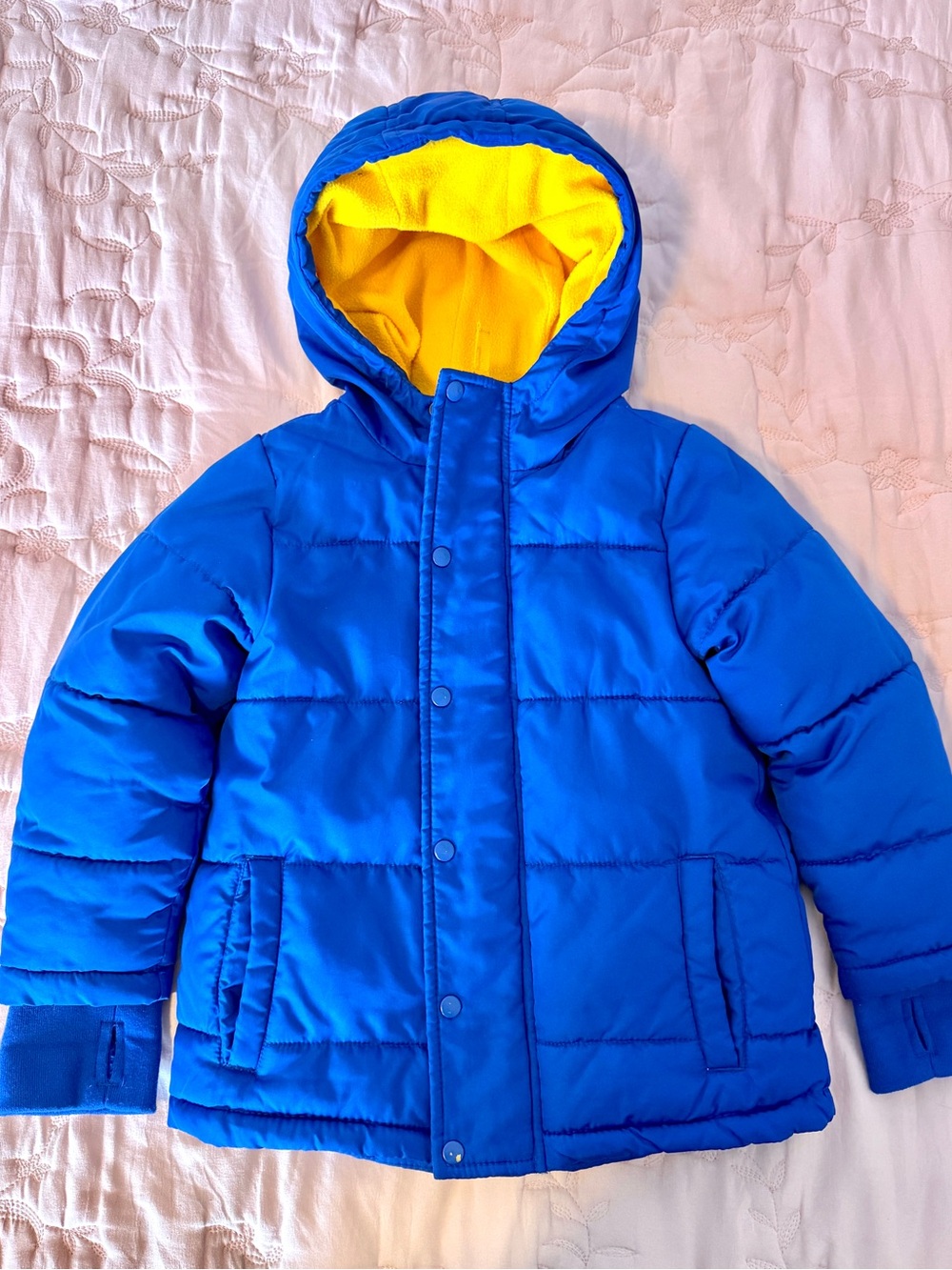 Okie Dokie Toddler 4T Blue Yellow Fleece Lined Puffer Jacket Hooded Thumbhole